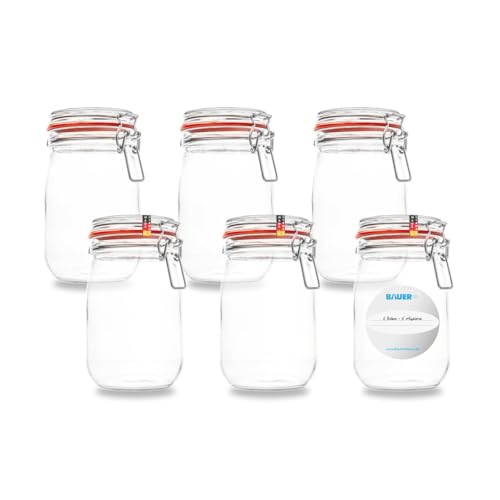 Flaschenbauer Drahtbügelglas Set 6x 1140ml - Einmachgläser mit Bügelverschluss inkl. Etiketten - Vorratsglas mit Dichtungsringen Bügelglas Aufbewahrungsglas für Lebensmittel - Made in Germany