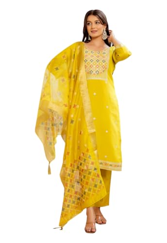 Kurta brodé en soie jaune : costume ethnique élégant et confortable taille L