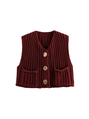 GORGLITTER Women's Button Up Cropped Sweater Vest Crewneck Sleeveless Knitwear with Pockets