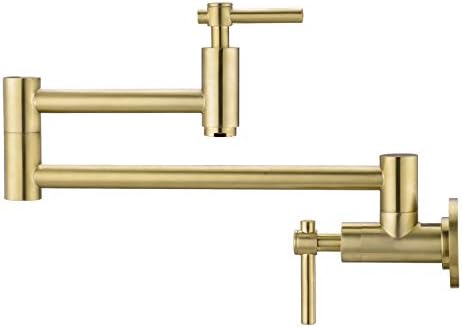 BZOOSIU Pot Filler Faucet Wall Mount, Double Joint Swing Arms Solid Brass Folding Faucet, Single Hole Two Handles Wall Mount Kitchen Faucet, Brushed Gold