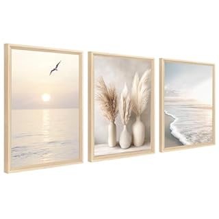 3Pcs Cadre en bois Impression sur Toile Plage Côtière Vague de Mer Tableau Peinture Boho Herbe de la Pampa Océan Tableau Decoration Murale Salon Chambre Maison 90x40cm(12"x16"x3pcs) (Pas de plexiglas)