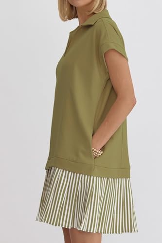 Image of Women's V Neck Short Sleeve Summer Dress Cap Sleeve Casual Loose Fit Pleated Striped Shirt Dress