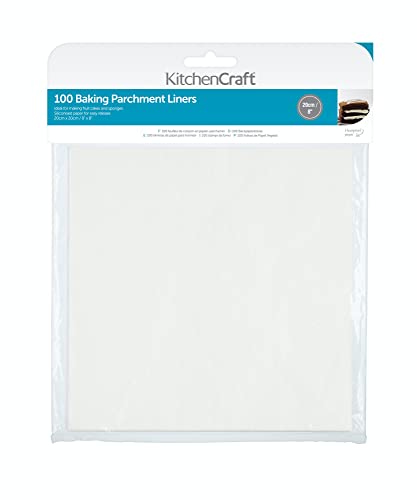 KitchenCraft Rollo de papel vegetal para hornear, Papel vegetal para hornear, Multifunción, 20 cm (8') - Cuadrado (Paquete de 100), Blanco
