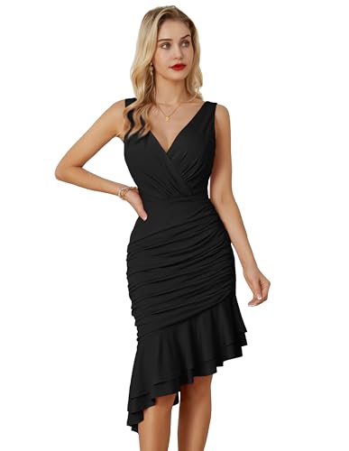 Vestido De Noche con Cuello En V para Mujer Vestido De Dama De Honor Sin Mangas con Cuello En V Negro S
