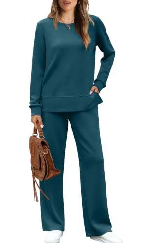 Image of WIHOLL Women's 2 Piece Lounge Sets Sweatshirt Casual Travel Outfits Fashion Wide Leg Tracksuit Cozy Sweatsuits