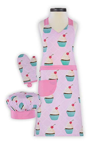 Handstand Kitchen Child's 100% Cotton Bright Pastel Print Apron, Mitt and Chef's Hat Set - Cupcake Delight