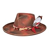 RUEDIGER Vintage Wide Brim Fedora Hats 100% Wool Stiff Felt Hat Rancher Hat with Lightning Logo Handmade Distressed/Burned Wine Red