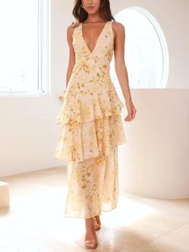 Chiffon Floral Print Brideamiad Dresses for Women 2025 V Neck Long Tiered Ruffles Evening Party Gowns KN0362