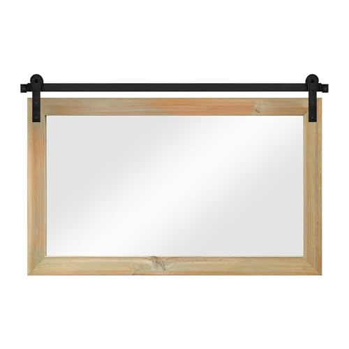 Image of COGOOD Farmhouse Barn Door Mirror - 41 x 26 Rustic Wood Framed Wall Mirror for Bathroom, Living Room, Entryway Wall Decor (Burlywood)
