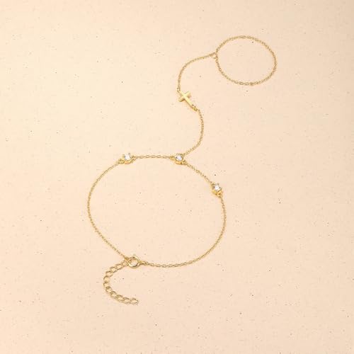 14K Gold Plated Dainty Cross Hand Link Chain for Women S925 Sterling Silver Cross Pendant Bracelet Ring for Mom Daughter Trendy Jewelry Christmas Easter Teacher Bracelet3
