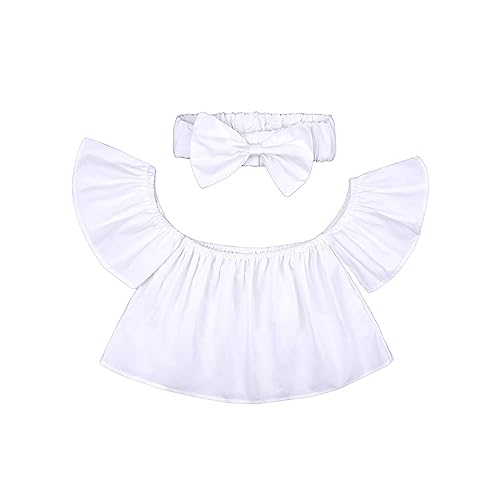 Toddler Baby Girls Ruffle Sleeve T-Shirt Off Shoulder Crop Tops Ruffle Blouse Solid Tee Shirt+Headband Summer Outfit