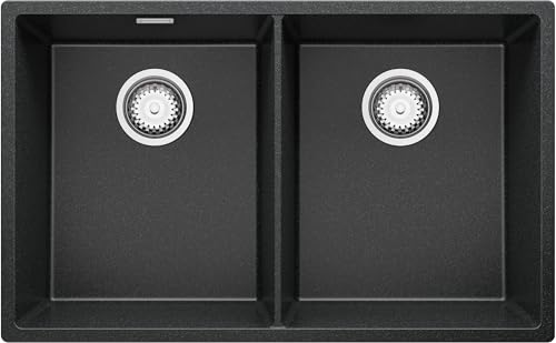 PRIMAGRAN Evier Sous Plan Graphite 76x47cm, Evier en Granit 2 bacs + Kit de Vidage, Évier al mueble 80cm - London Twin S003