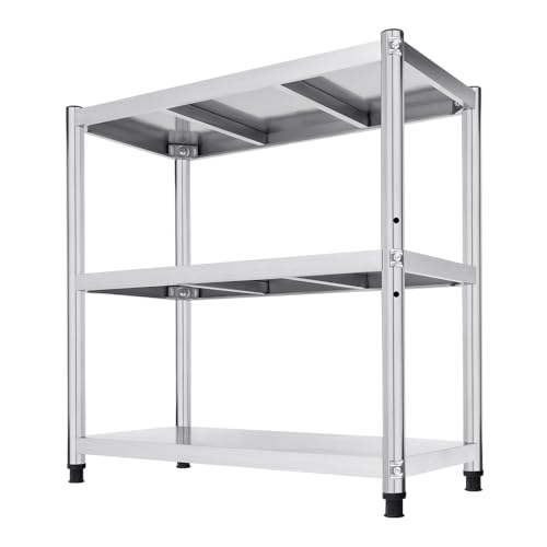 CUMELLIIR Mesa de trabajo, cocina, acero inoxidable, 3 estantes, carga de 90 kg, estante de acero inoxidable, cocina, hostelería, mesa para la preparación de platos y hoteles, ahorro de espacio (80 x