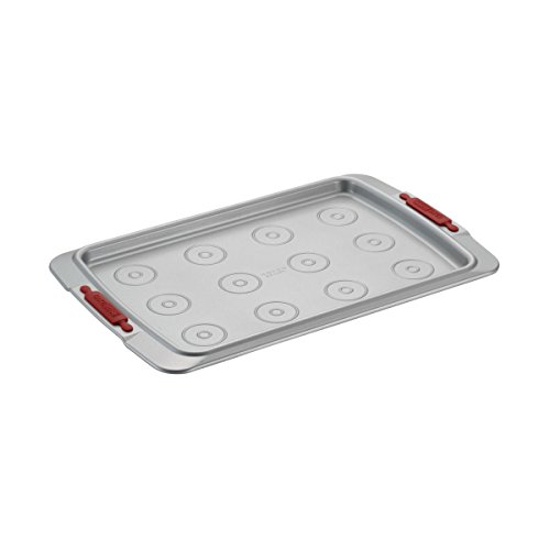 Cake Boss Deluxe Nonstick Bakeware 10-Inch x 15-Inch Cookie Pan with Drop Zones, Gray with Red Silicone Grips
