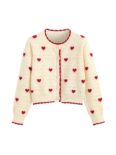 CIDER Women's Cardigan Crew Neck Heart Print Color Block Button Down Crop Top Long Sleeve Cute Cardigan: Ivory, M