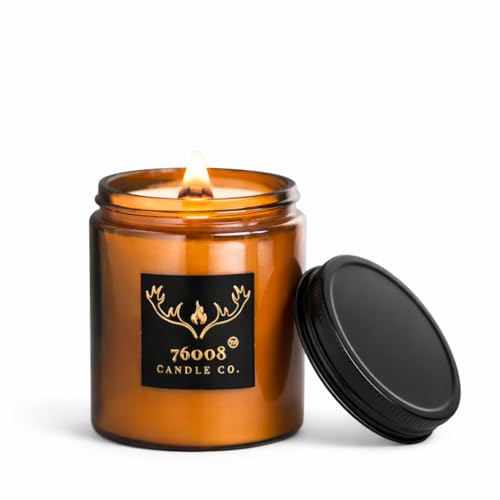 76008 Candle Co Leather Scented Soy Candle for Men Wood Wick Vintage Cowboy Leather Fragrance Rustic Western Man Cave Decor Masculine Gift for Him