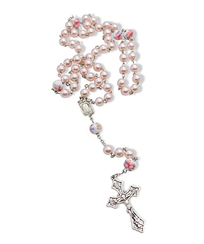 Nazareth Store Pearl Beads Rosary White Flowers Beaded Necklace Lourdes Medal & Cross Crucifix