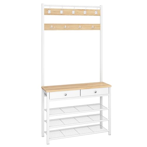HOOBRO Coat and Shoe Rack Coat Rack with Shoe Storage Hall Tree with 2 Non-Woven Drawers Coat and Shoe Storage for Hallway Bedroom Cloakroom Natural and White EWN81MT01