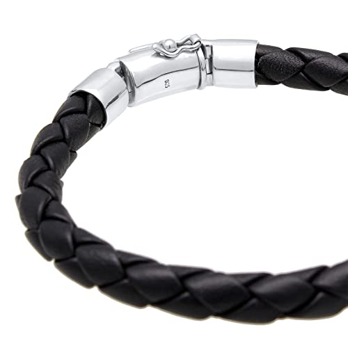 kuzzoi Men Bracelet Leather Braided Black Solide with Clasp Made of 925 Sterling Silver, Length 7,48 inch - 9,05 inch, Width 0,39 inch, 0.71 oz3