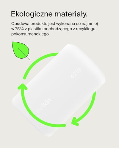 Belkin BoostCharge ładowarka USB 42 W z 2 portami, ładowarka USB C + USB-A; szybkie ładowanie do iPhone 16, 16 Plus, 16 Pro, 16 Pro Max, 15, 14, 13, Galaxy S24, S23, Plus, Ultra, iPad, AirPods, biała