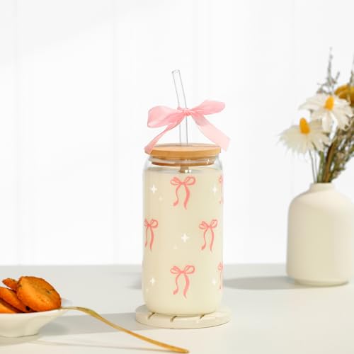 LANGASQUE Coquette Pink Bow Glass Cup with Lids and Straws, 16 oz Cute Glass Cup, Aesthetic Iced Coffee Tumbler with Gift Box Cleaning Brush for Teen Girls Gifts Trendy Stuff Women Girlfriends Gifts — view 5