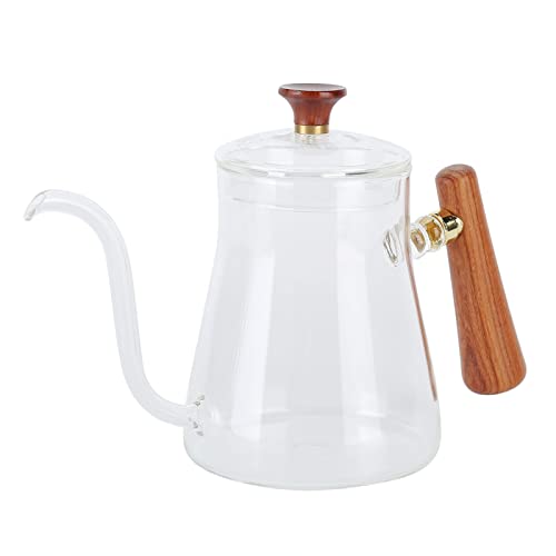 Coffee Kettle, Pour over Tea Pot with Wood Handle, Gooseneck Kettle for Drip Coffee, Glass Teapot for Home Kitchen Camping Travel (600ml)