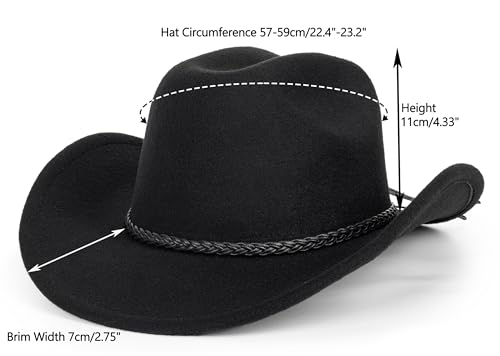 Vintage Western Cowboy Hat for Men Women - Wide Brim Cowgirl Fedora Hats with Braided Rope Band M3