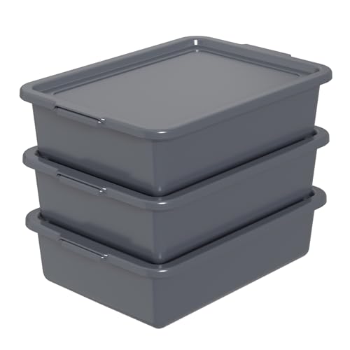 Ramddy 3-Pack 13 L Plastic Commercial Bus Tub with Lid, Grey Bus Box Restaurant