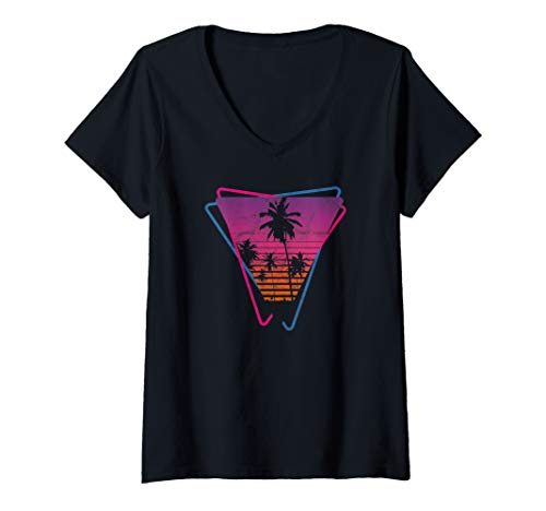 Womens Synthwave Retrowave Aesthetic Vintage Drive Laser Miami 80s V-Neck T-Shirt