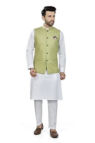 Image of BE ACTIVE 100% Cotton Solid Pattern Trendy Comfortable Stylish Full Sleeve Kurta Pajama Set with Jacket Nehru Style Koti for Men's ||