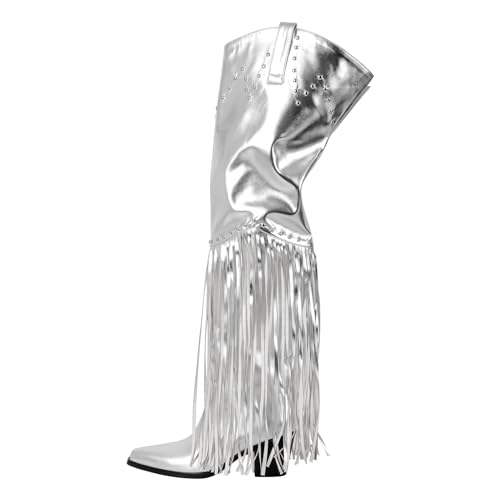 Image of richealnini Western Thigh High Cowboy Boots with Fringe Over Knee Wide Calf Cowgirl Boots
