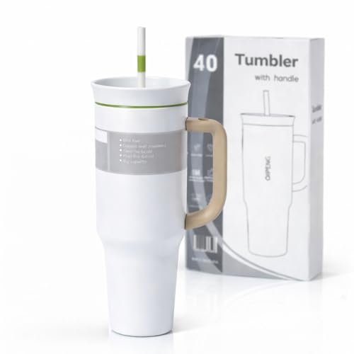 Image of HomeCloud 1200ml Insulated Coffee Tumbler with Lid - Double Wall Travel Mug for Hot & Cold Drinks, Leak-Proof, Durable, Portable, Stylish Stainless Steel Design (White with Brown Handle)