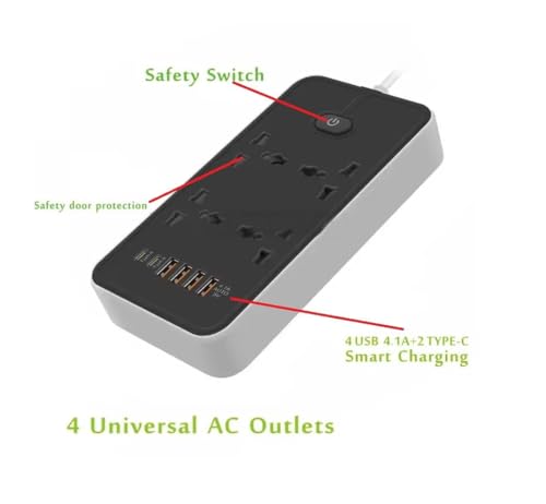 Image of Extension Board, Power Strip with 6 USB Ports and 3 Universal Socket, 2500W 10A Extension Cord, 3-Pin Surge Protector Power Strip for Home, Office, Computer, Mobile Charging (Black-Z66)
