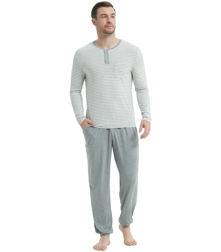 Image of NACHILA Mens Pajamas Set Long Sleeve Henley Sleepwear Top Soft Jogger Pants Pajamas Cool Pjs Set,Viscose Made from Bamboo