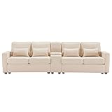 SOFTWEARY Big-Sofa mit Zwischentisch, Getränkehaltern und USB-Anschlüssen, inkl. Loser Zier- und Rückenkissen, Leinen Bezug (beige mit Zwischentisch)