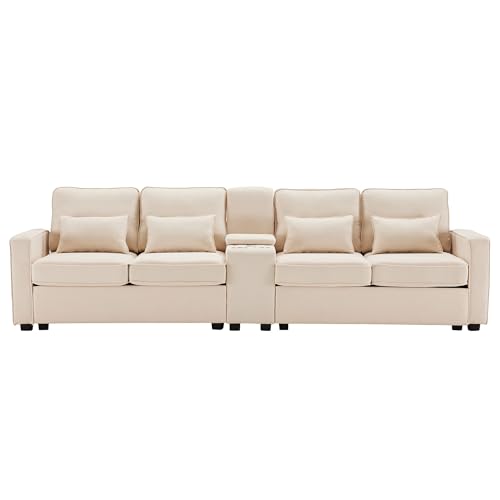 SOFTWEARY Big-Sofa mit Zwischentisch, Getränkehaltern und USB-Anschlüssen, inkl. Loser Zier- und Rückenkissen, Leinen Bezug (beige mit Zwischentisch)