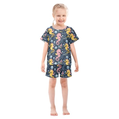 ALAZA Seahorse Leaves Navy Blue Pajamas Short Sleeve 2 Piece Sleepwear Top and Bottom Pajama Set Unisex3