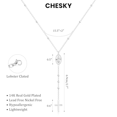 Image of CHESKY Long Necklaces for Women, 14k Gold Plated /Streling Silver Lariat Necklace Dainty Statement Prom Necklace Rosary Cross Sun Drop Pendant Dangle Necklace Gold Prom Jewelry for Women Gifts