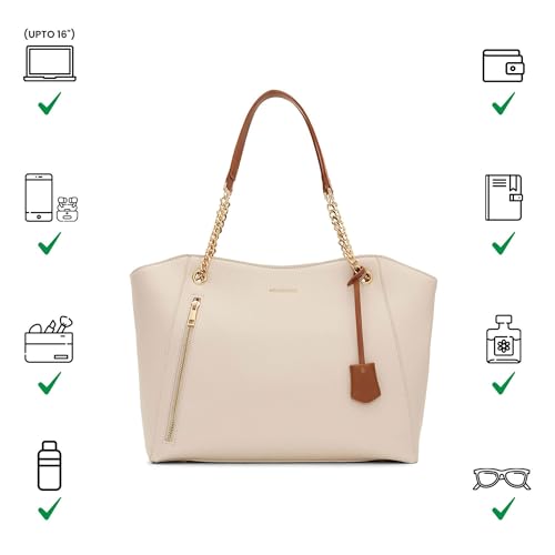 Miraggio Dakota Solid Structured Tote Bag for Women | Fits Upto 16" Laptop | Tote Bags for Women For Office Use, Work | Ladies Stylish Shoulder Bag, Ivory, L