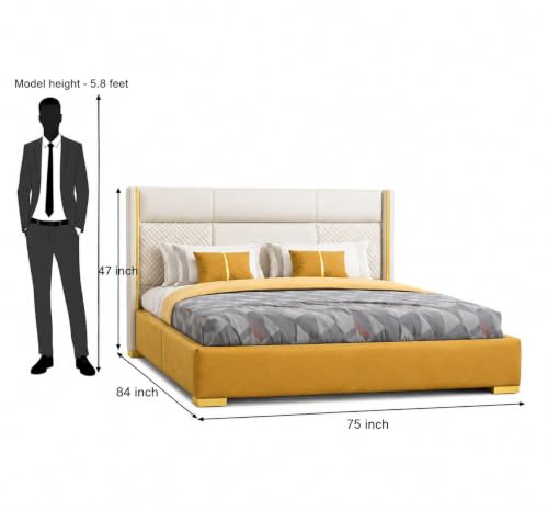 Image of Royal Modern Upholstered King Size Bed with Hydraulic Storage for Bedroom | Wooden Double Beds for Home & Hotels | Platform Cot Bed with Upholstery Fabric, 6.5 x 6 Ft | Sheesham, White-Gold