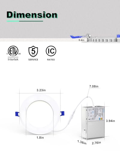 Image of VOLISUN 12 Pack 3 inch Recessed Lighting, 5CCT, 2700K-5000K Selectable | LED Recessed Light with Junction Box, Dimmable Canless Wafer Downlight, LED Ceiling Light ETL Certificated