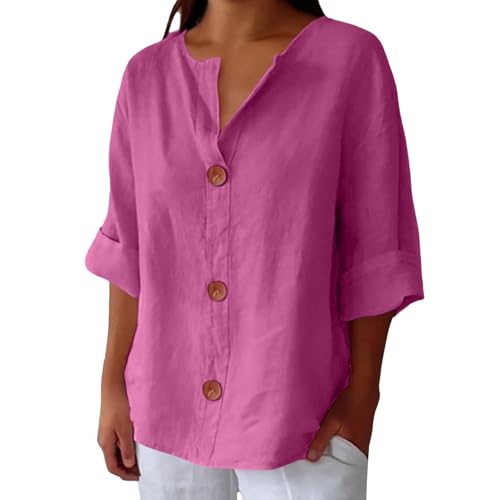 Linen Tshirts Shirts for Women Plus Size Summer Clothes for Women Linen Shirts V Neck 3 4 Sleeve Tops Loose Vacation Beach Solid Blouses Tops Pink Ladies Outfits 3X-Large