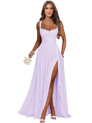 Dvdci Bridesmaid Dresses Long Lilac Chiffon Evening Gown Ruffle Slit A Line Formal Dresses for Women...