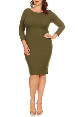 Image of ICONOFLASH Women's 3 /4 Sleeves Midi Bodycon Dress Crew Neck Fitted Dresses with Plus Size Options