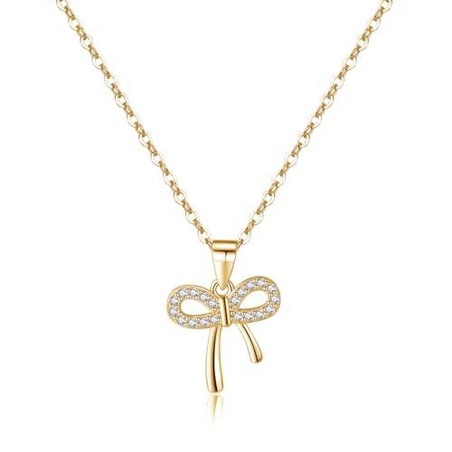 Image of Reffeer Solid 925 Sterling Silver CZ Bow Necklace Chain for Women Teen Girls Crystal Bow Pendant Necklace Choker Bowknot