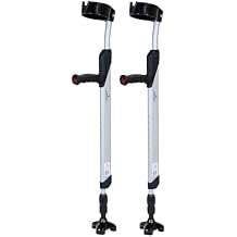 iLiving Forearm Crutches for Adults - Self-Standing Adjustable Mobility Aid with Flip-Up Arm Rest, Ergonomic Handle, 10-Height Settings, Auto-Leveling Base, and 220 lb Capacity, Silver, 1 Pair