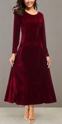 Image of Urban CoCo Women's Elegant Velvet Midi Dress Scoop Neck Long Sleeve Ruched