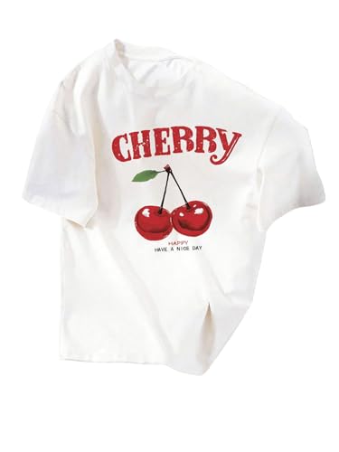 Girl's Graphic Tees Cherry Letter Print Short Sleeve T Shirts Crewneck Summer Tops