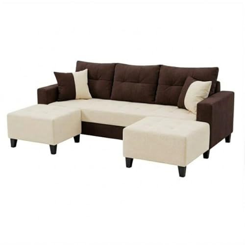 Image of SLEEPIFY Harlon Velvet-Suede Fabric 3 Seater Sofa Set with 2 Ottoman (Dark Brown - Cream) | Comfortable & Spacious Seating | Modern Sofa Set for Living Room | Soft Touch Upholstery
