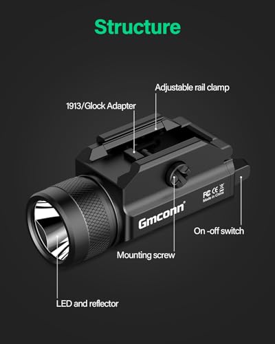 Gmconn 1250 Lumen Tactical Flashlight Pistol Light Rail Mounted LED Gun Light Strobe Weaponlight for Glock Pistol and Picatinny MIL-STD-1913